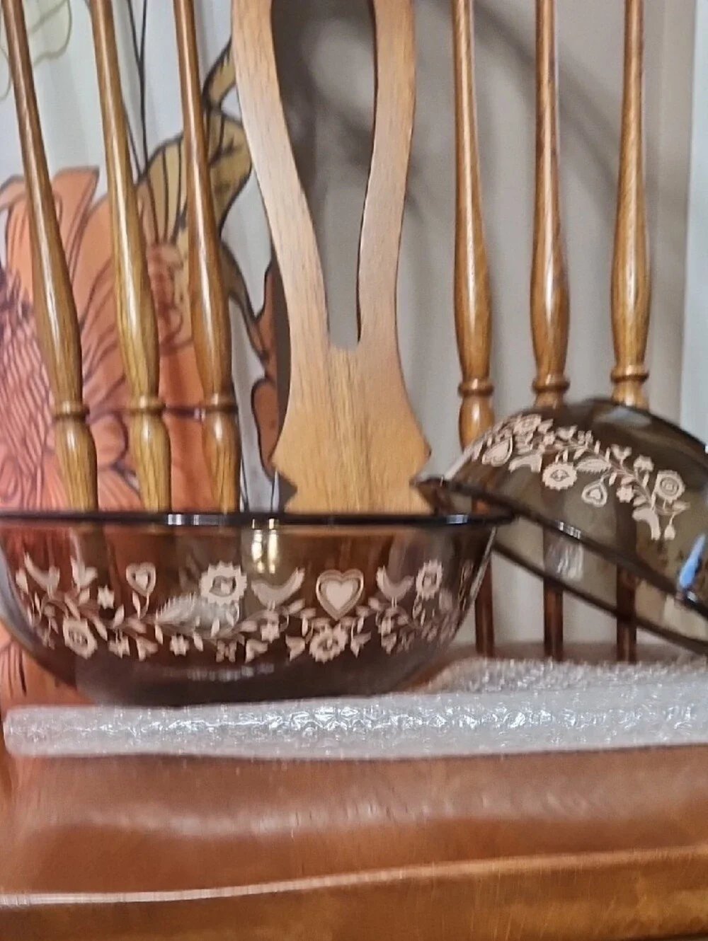 Vintage Amber Glass Mixing Bowl 2pc Set with  Floral Pattern